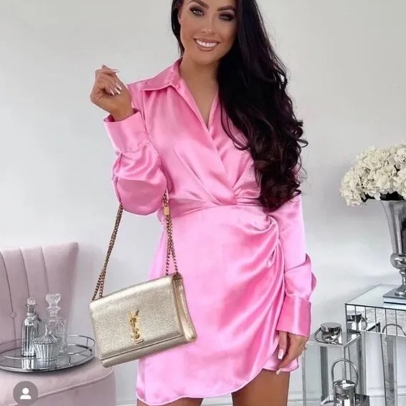 Zara mini dress satin effect drapped long sleeve pink party wedding coctail - Picture 3 of 7